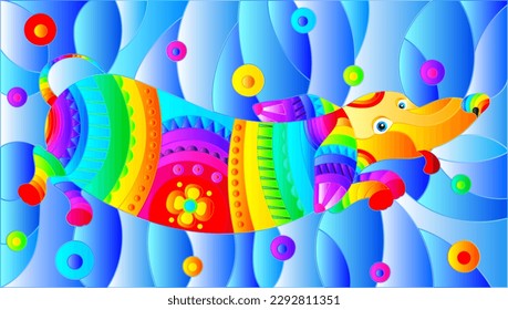 Illustration in stained glass style with abstract rainbow Dachshund dog on blue background