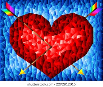 Illustration in stained glass style with an abstract red heart pierced by arrows on a blue background, rectangular image