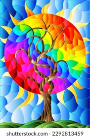 Illustration in stained glass style with an abstract round rainbow tree on a background of sky and sun