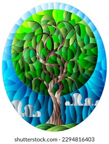 Illustration in stained glass style with an abstract round green tree on a background of cloudy sky, oval image