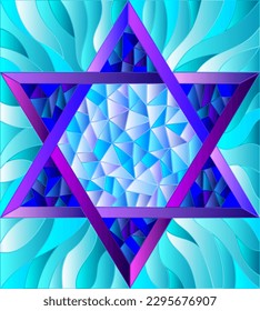 Illustration in stained glass style with an abstract six-pointed blue star on a blue background