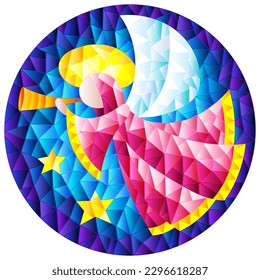 Illustration in stained glass style with an abstract angel in pink robe blowing pipe , round picture 