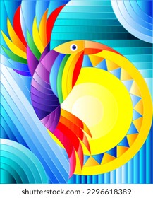 Illustration in stained glass style with abstract geometric rainbow bird on a blue sky background with a sun