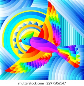 Illustration in stained glass style with abstract geometric rainbow bird  and the sun on blue background