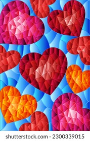 Illustration in stained glass style, abstract background with hearts on blue background