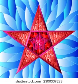 Illustration in stained glass style with abstract red five-pointed star on blue background