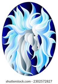 Illustration in stained glass style with abstract white  horse on a blue background ,oval picture