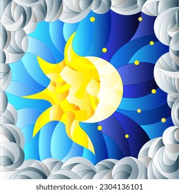 Illustration in stained glass style , abstract sun and moon on the sky background and clouds