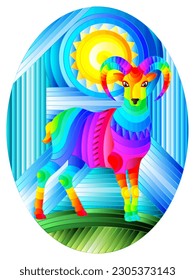 Illustration in stained glass style with an abstract rainbow RAM and the sun on a geometric blue background