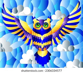 Illustration in stained glass style with abstract blue owl flying on sky background with clouds 
