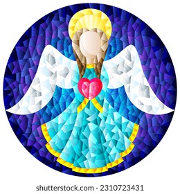 Illustration in stained glass style with an abstract angel in blue robe with a heart , round picture