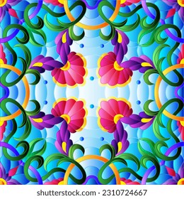 Illustration in the stained glass style with an abstract flower arrangement on a blue background, square image