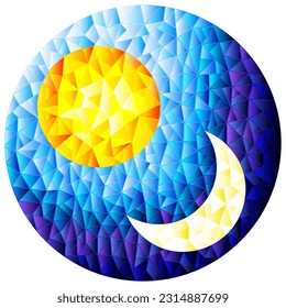 Illustration in stained glass style , abstract sun and moon in the sky,round image 