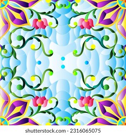 Illustration in the stained glass style with an abstract flower arrangement on a blue background, square image