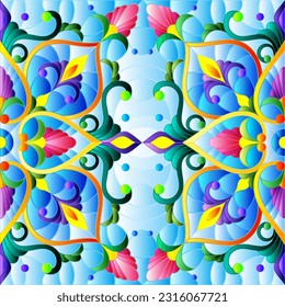 Illustration in the stained glass style with an abstract flower arrangement on a blue background, square image