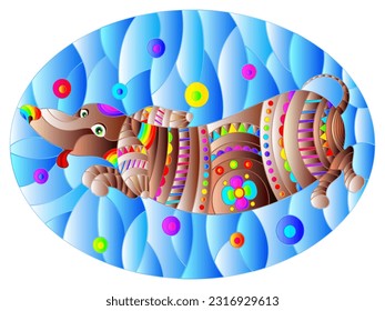 Illustration in stained glass style with abstract rainbow Dachshund dog on blue background,oval image