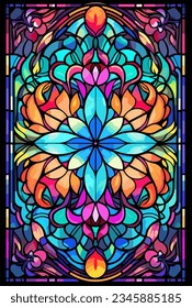 Illustration in stained glass style with abstract flowers, leaves and curls, rectangular image. Vector illustration. svg