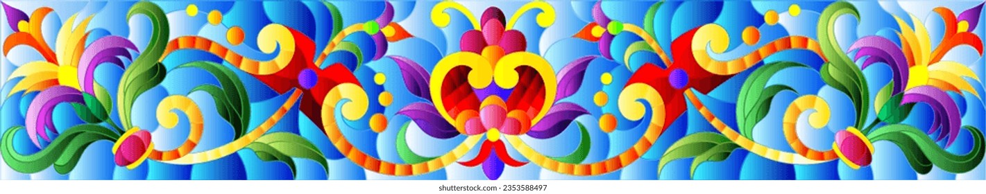 Illustration in stained glass style with abstract  swirls,flowers and leaves  on a blue background,horizontal orientation