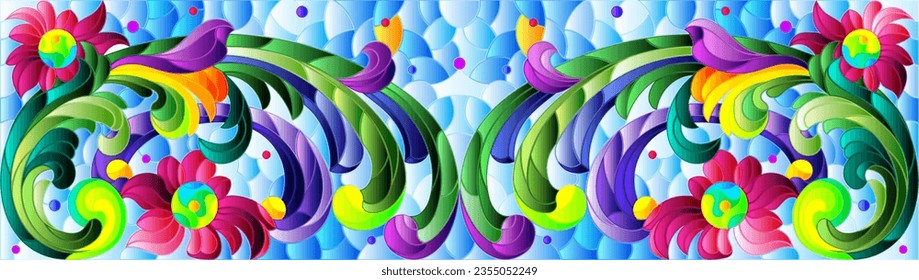 Illustration in stained glass style with abstract flowers, leaves and curls on a blue background, rectangular horizontal image