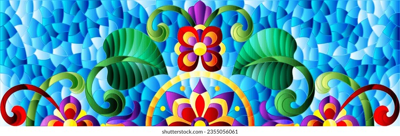 Illustration in stained glass style with abstract flowers, leaves and curls on a blue background, rectangular horizontal image