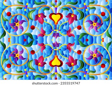 Illustration in stained glass style with abstract  swirls,flowers and leaves  on a blue background,horizontal orientation