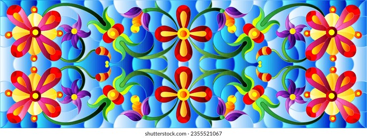 Illustration in stained glass style with abstract  swirls,flowers and leaves  on a blue background,horizontal orientation