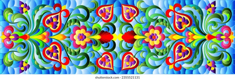 Illustration in stained glass style with abstract  swirls,flowers and leaves  on a blue background,horizontal orientation
