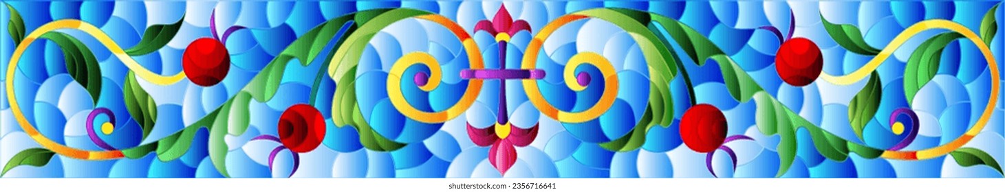 Illustration in stained glass style with abstract  swirls,flowers and leaves  on a blue background,horizontal orientation