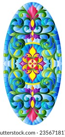 Illustration in stained glass style with abstract  swirls,flowers and leaves  on a blue background,horizontal orientation, oval image