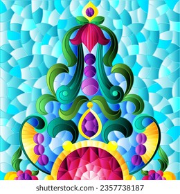 Illustration in stained glass style with abstract flowers, leaves and curls on a blue background, square image
