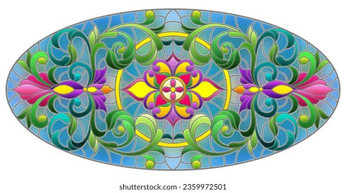 Illustration in stained glass style with abstract  swirls,flowers and leaves  on a blue background,horizontal orientation, oval image
