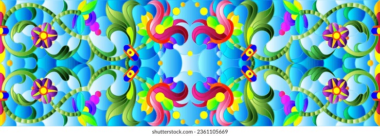 Illustration in stained glass style with abstract flowers, leaves and curls on a blue background, rectangular horizontal image