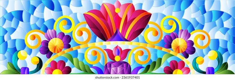 Illustration in stained glass style with abstract flowers, leaves and curls on a blue background, rectangular horizontal image