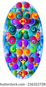 Illustration in stained glass style with abstract  swirls,flowers and leaves  on a blue background,vertical orientation, oval image