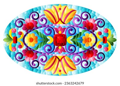Illustration in stained glass style with abstract flowers, leaves and curls on a blue background, horizontal oval image