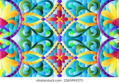 Illustration in stained glass style with abstract flowers, leaves and curls on a blue background, rectangular horizontal image