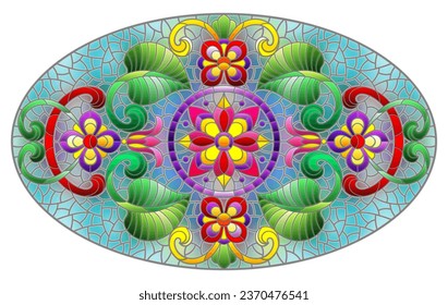 Illustration in stained glass style with abstract flowers, leaves and curls on a blue background,  horizontal oval image