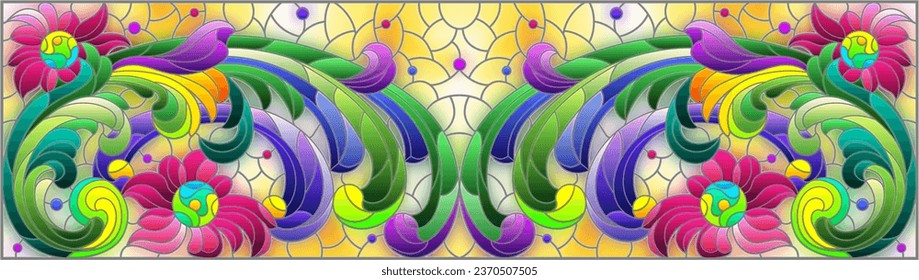 Illustration in stained glass style with abstract flowers, leaves and curls on a yellow background, rectangular horizontal image