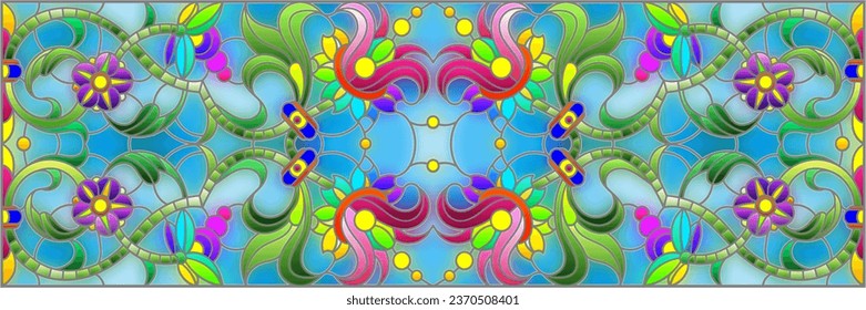 Illustration in stained glass style with abstract flowers, leaves and curls on a blue background, rectangular horizontal image