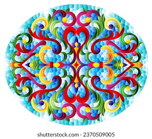 Illustration in stained glass style with abstract flowers, leaves and curls on a blue background, horizontal oval image