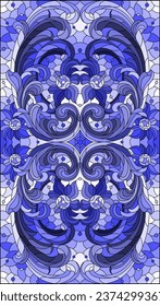 Illustration in stained glass style with abstract flowers, swirls and leaves  on a light background,vertikal orientation, tone blue