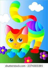 Illustration in stained glass style with abstract cute rainbow cat on a blue sky background and flowers