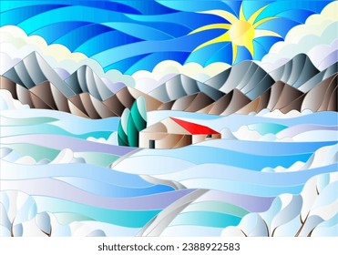 Illustration in stained glass style with abstract winter landscape,a lonely house amid fields, mountains , sky and falling snow