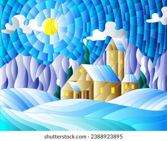 Illustration in stained glass style with abstract winter landscape,a lonely house amid fields, mountains , sky and falling snow