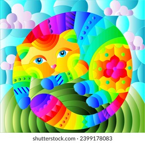 Illustration in stained glass style with abstract cute rainbow cat on a blue background, square image