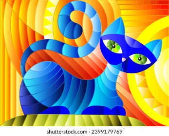 Illustration in stained glass style with abstract blue geometric cat on an orange background