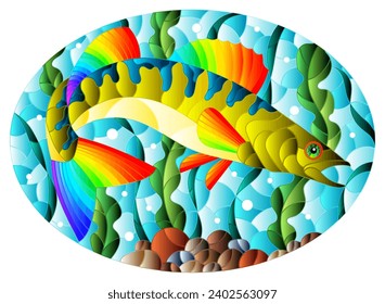Illustration in stained glass style with an abstract pike perch fish on a background of algae, air bubbles and water, oval image