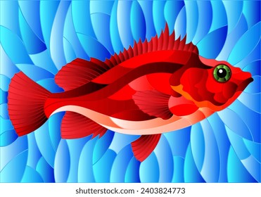 Illustration in stained glass style with abstract red sea bass on blue background