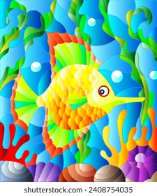 Illustration in stained glass style with abstract colorful exotic fish amid seaweed, coral and shells