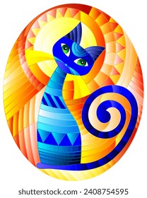 Illustration in stained glass style with abstract geometric blue cat and the sun on an abstract orange background, oval image